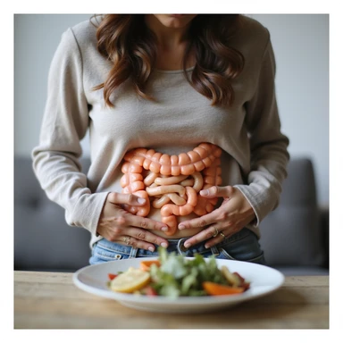 adult woman, photorealistic, on a diet to fix intestine, sitting with curved posture, hands pressing abdomen, intestine highlighted, light food plate in front, natural light, home background sticker