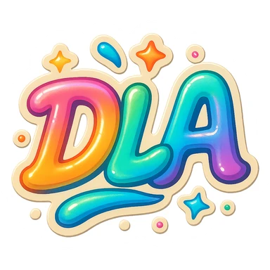 dynamic 'DLA' logo in retro sticker style, wavy colorful letters, subtle holographic effect, surrounded by small stars and confetti sticker