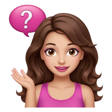 girl with long wavy brown hair, brown eyes, long lashes makeup, sexy pink lips, light to medium complexion, wearing a pink sexy top, shugging, smiling, question mark one speech bubble sticker