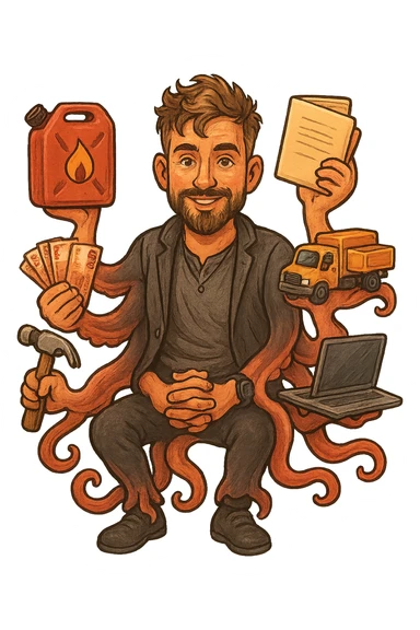 Перерисуй персонажа в объемном, но слегка рисованном стиле, у него много рук как у осьминога и он держит в них - канистру с бензином, пачку 5000 тысячных рублей, молоток, папку с бумагами, грузовой автомобиль, компьютер - фон сделай прозрачным sticker