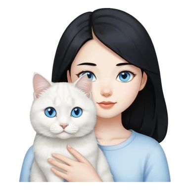 black hair Asia girl with White British longhair cat blue eyes  sticker