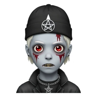zombie boy emoji, apple style, pentagram on forehead, wearing choker and beanie, emo, no text sticker