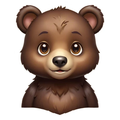 Cinematic Cute bear cub Portrait Emoji, Head tilted playfully and inquisitively, featuring a glossy dark brown fur with a natural sheen and round, sparkling eyes filled with gentle curiosity, Simplified yet irresistibly adorable features, highly detailed, glowing with a warm, friendly glow, high shine, affectionate and mighty, stylized with a touch of woodland whimsy, bright and endearing, soft glowing outline, capturing the essence of a mischievous yet loving bear cub, so playful it feels like it could amble out of the screen and into your arms! sticker