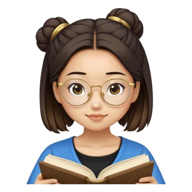 pretty asian girl sitting reading a blue book black top gold glasses brown hairbun sticker