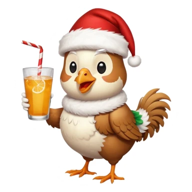 Chicken with Santa hat and a drink sticker