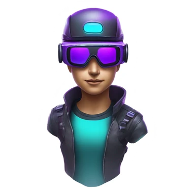 Secret human agent in a futuristic hat with in Apple VR goggles headset code display on the goggles , cyberpunk, cyan and purple colors, only upper body portrait, front facing the camera  sticker