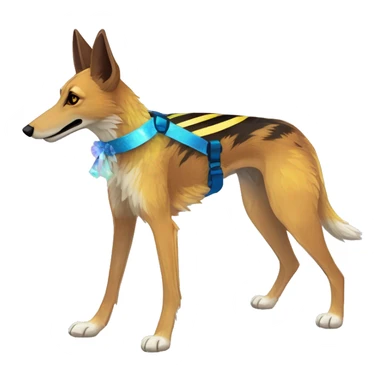 brindle brown black maroon striped lurcher Alsatian fox running blue eyes and iridescent holographic oilslick harness wearing paper iridescent tropical flower crown yellow caution tape sticker