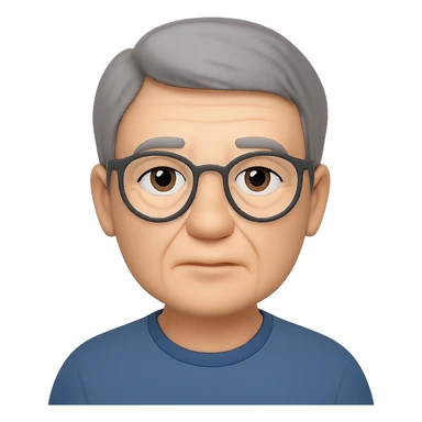 Make the middle aged Asian man look a little older with slightly gray hair, keep glasses, neutral expression, in emoji style, no background. sticker