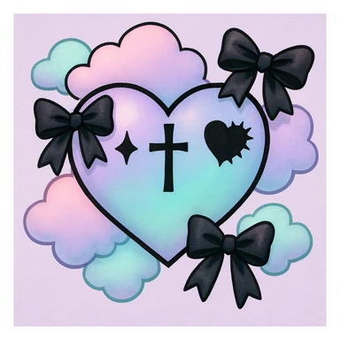 pastel goth heart with pastel clouds and black bows sticker