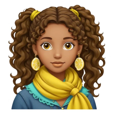 bohemian girl with brown skin, long curly brown hair in a ponytail, lemon yellow scarf, round earrings sticker