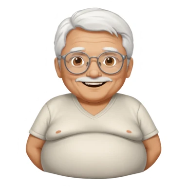 old man with lots of white hair wearing thick glasses with go-tee with a big belly smiling sticker