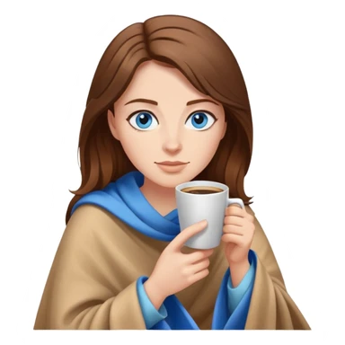 Brown hair with blue eyes lady wearing light brown blanket drinking coffee  sticker