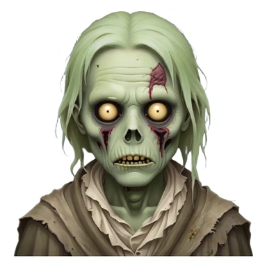Cinematic Noble Zombie Portrait Emoji, Surprisingly dignified and somber, with a decaying yet strangely regal visage in ashen grays and muted tones, draped in tattered attire hinting at a lost grandeur, simplified yet meticulously detailed, glowing with a soft, eerie radiance and a gentle outline that evokes the tragic nobility of the undead! sticker