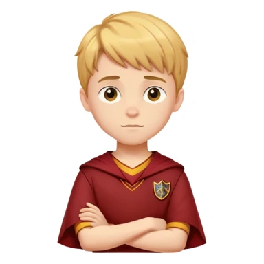 A young boy slightly to the side looking forward with crossed arms wearing the Gryffindor uniform sticker