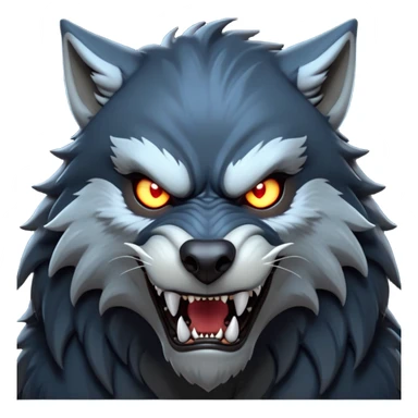 cinematic-noble-fierce-werewolf-head-close-up-emoji, poised-and-imposing, with a fierce wolfish face featuring glowing eyes full of primal ferocity, sharp, elongated fangs and a rugged snout, fur rippling in shades of midnight black and silver, muscles tensed and hunched over in an intense, threatening stance; rendered with realism, capturing the raw, untamed power of the beast beneath the moonlit sky sticker