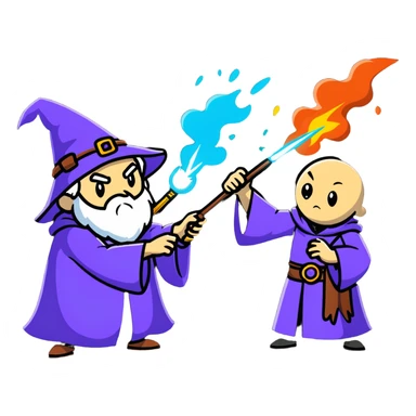 wizard and brain dueling with colorful spell blasts sticker