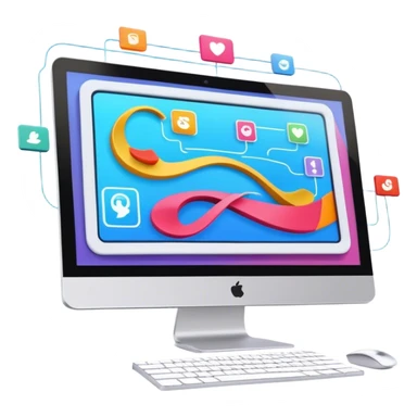 Animation and motion design. A computer screen with an animation timeline, moving frames. Display a cartoon or animated scene on the screen. Include motion design elements like flowing lines, curves, or rotating objects. Modern, creative colors. No emojis or smiley faces. Transparent background. sticker