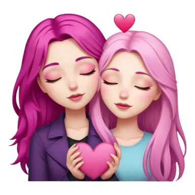 gorgeous pale girl with long magenta pink hair latina makeup next to a gorgeous girl with blonde hair eyes closed and a light pink heart above them sticker