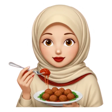 woman wearing a cream colored pashmina hijab eating meatballs sticker