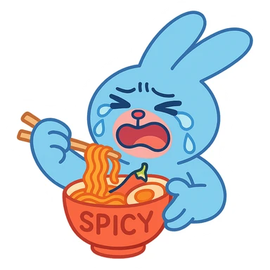 blue bunny crying while eating spicy ramen, pastel-toon style sticker