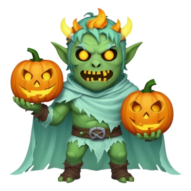 male orc warrior ghost emoji, green skin, tusks, wearing torn white ghost sheet costume, holding glowing jack-o'-lantern, faint blue aura, friendly but spooky expression, Halloween fantasy theme, Apple emoji style, clean white background, square sticker