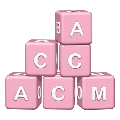 three Light pink and white toy alphabet blocks stacked with different letters sticker