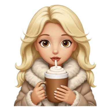 Tanned Girl with lashes , blonde hair, in an extremely big fluffy oversized coat and hold hot chocolate drink and big eyes like dog, big lip sticker