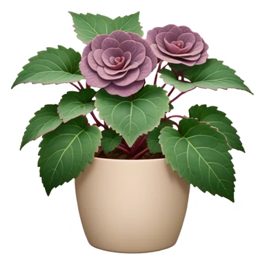 Begonia Rex with greenish-purple spiral leaves in a beige pot sticker