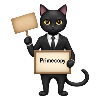Black Cat in a black business suit holding a sign that says "PrimeCopy" sticker