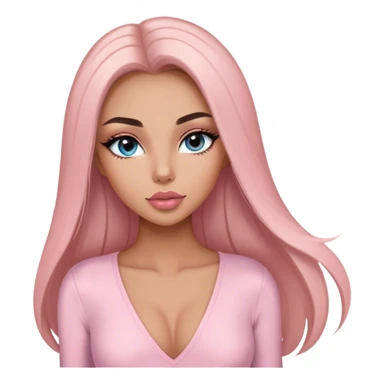 Glamours, tanned, very beautiful girl, with big pump peach-beige-rose lips, long long lashes, black straight smooth silky long hair, straight parting hair, blue-grey eyes in light pink long-sleeves v-neck bodysuit sticker
