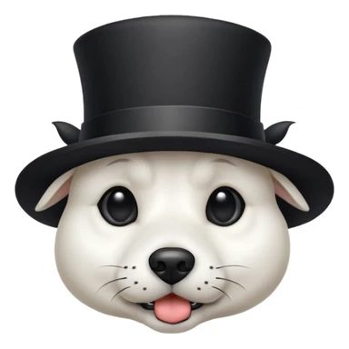 white dog with a black spit around his eye with a tophat sticker