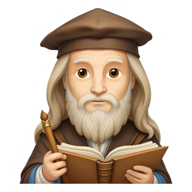 cinematic-realistic-leonardo-da-vinci-portrait-emoji,-depicted-as-the-quintessential-renaissance-polymath-with-deep,-thoughtful-eyes,-a-flowing-beard,-and-a-quill-or-sketchbook-in-hand.-the-scene-is-illuminated-with-warm,-classical-light sticker