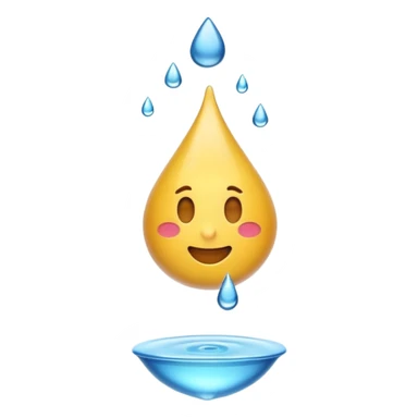 3D iPhone style emoji of a liquid drop falling, glossy and translucent, mid-air motion, isolated on white background, soft shadows, high detail, playful and cute. sticker