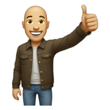 a man 1.60 meters tall, with a shaved head, making a huge smile and giving the thumbs up gesture sticker