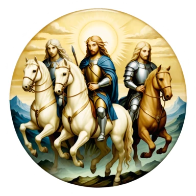 aesthetic shiny glowing divine lighting, oil paint - ivory The Four Horsemen of the Apocalypse, based on a graphic by Albrecht Dürer sticker