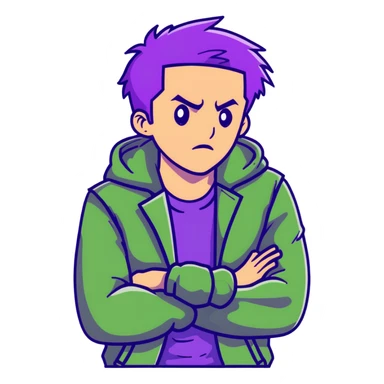 Fashionable man with purple hair and green jacket, bold expression, powerful pose inspired by Thanos sticker