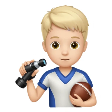 A child stands in a football costume, holding a microscope in his hands sticker