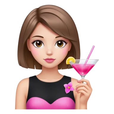 light brunette hair down bob girl black top holding a pink c osmo sticker