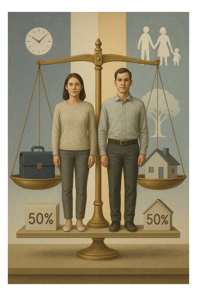Uomo e donna in piedi l’uno accanto all’altra, al centro di una bilancia perfettamente in equilibrio. Entrambi vestiti in modo simile (moderno e neutro), con espressioni serene e rispettose. Sotto i loro piedi, due blocchi con scritto '50%' ciascuno. Sullo sfondo, elementi divisi simmetricamente: lavoro, famiglia, tempo libero, rappresentati equamente da entrambi. Atmosfera armoniosa, illuminazione equilibrata, colori neutri e simbolici (bianco, grigio, blu e oro). Stile realistico con accento simbolico sul concetto di equità in italiano sticker