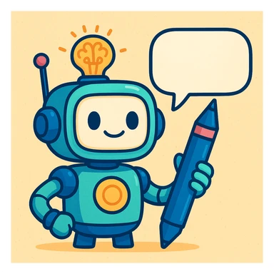 a robot with a speech bubble and pen, creative, for a writing assistant sticker