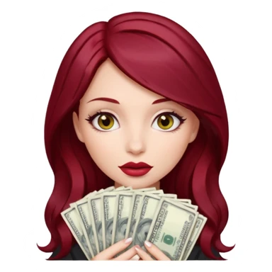 Create a girl with dark cherry red hair with grey eyes and big lips holding a stack of money  sticker