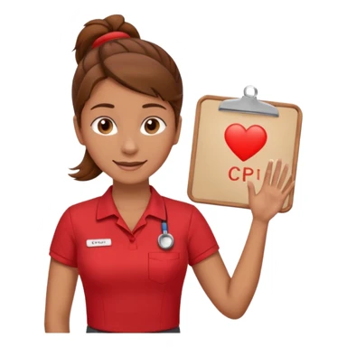 Happy instructor female brown hair whit board hair up red shirt add CPR to white board sticker
