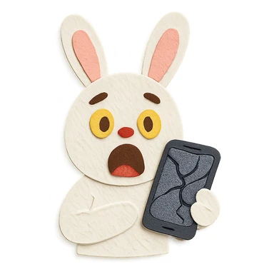 white bunny holding cracked phone with shocked face, paper-craft style sticker