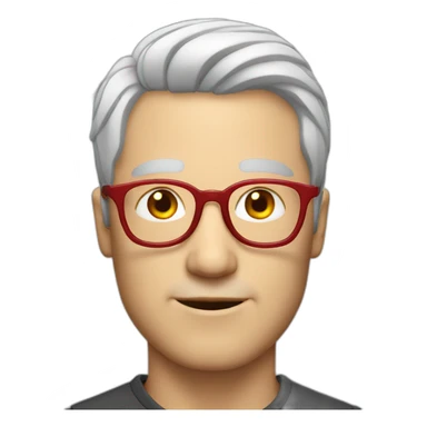 White man with red glasses frame and with light grey hair sticker