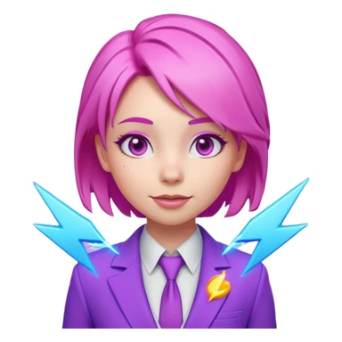 Cute 3D emoji-style girl sexy character with pink hair and purple eyes. No hands, no pose. Clean purple suit with a glowing neon-blue ‘C’ logo on the chest, small lightning accent. Smooth Apple-style lighting, friendly expression sticker