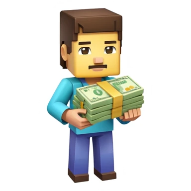 emoji style icon, minecraft blocky character holding a stack of money, pixel art style, bright colors, simple background, 3D glossy emoji, centered composition, soft shadow, high detail, clean outline, white background sticker