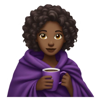 A black woman with dark brown eye and long curly hair  with a purple blanket wrapped over her shoulders, holding a purple mug of coffee sticker