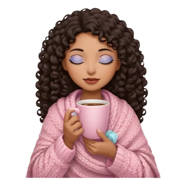 hispanic woman, brown skin, black long 3b curls, closed eyes, feminine face, holding soft pink coffee cup with beige blanket over shoulders sticker