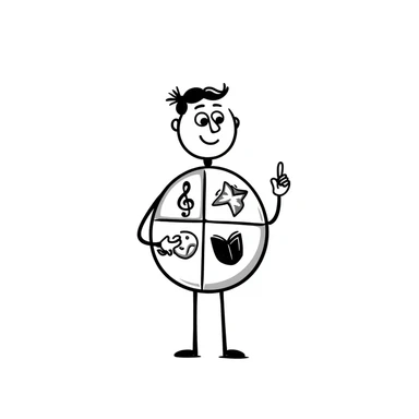 Hand-drawn metal man figure with a circular body divided into four segments, each containing symbols for different art forms: visual, musical, theatrical, and literary arts sticker