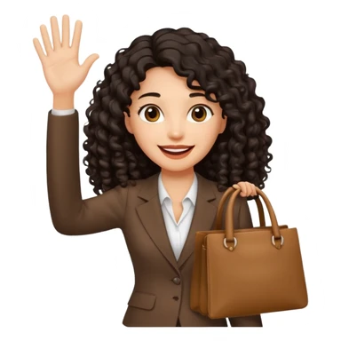 medium deep tan brown business woman with long black curly hair, waving hand with happy face with smile mouth and carrying bag on her shoulder sticker